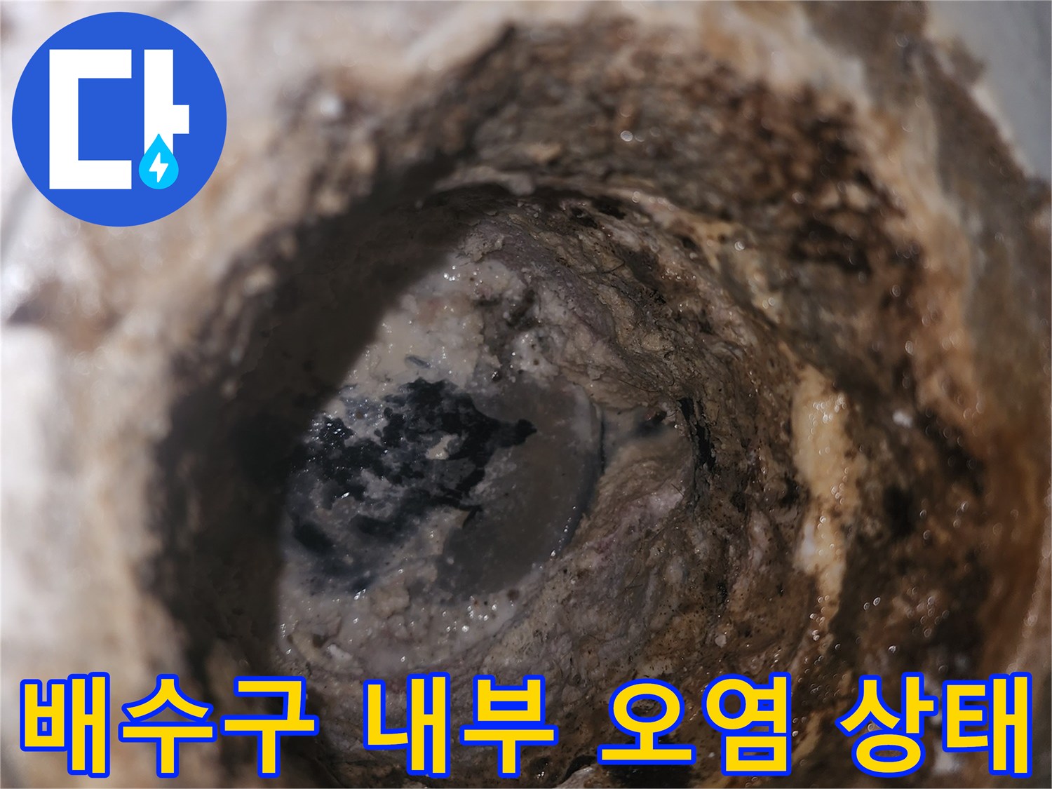 화장실 배수구 유가 주변의 찌꺼기와 오염된 상태를 보여주는 사진입니다.
