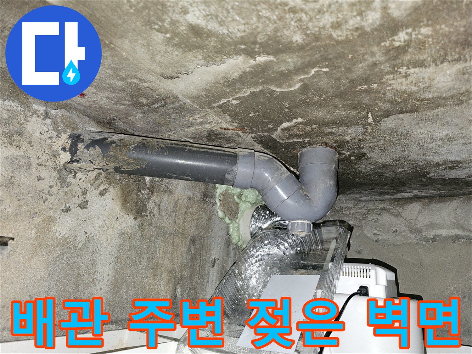 배관 연결 부위와 천장 콘크리트 면의 습기 및 곰팡이 발생 상태