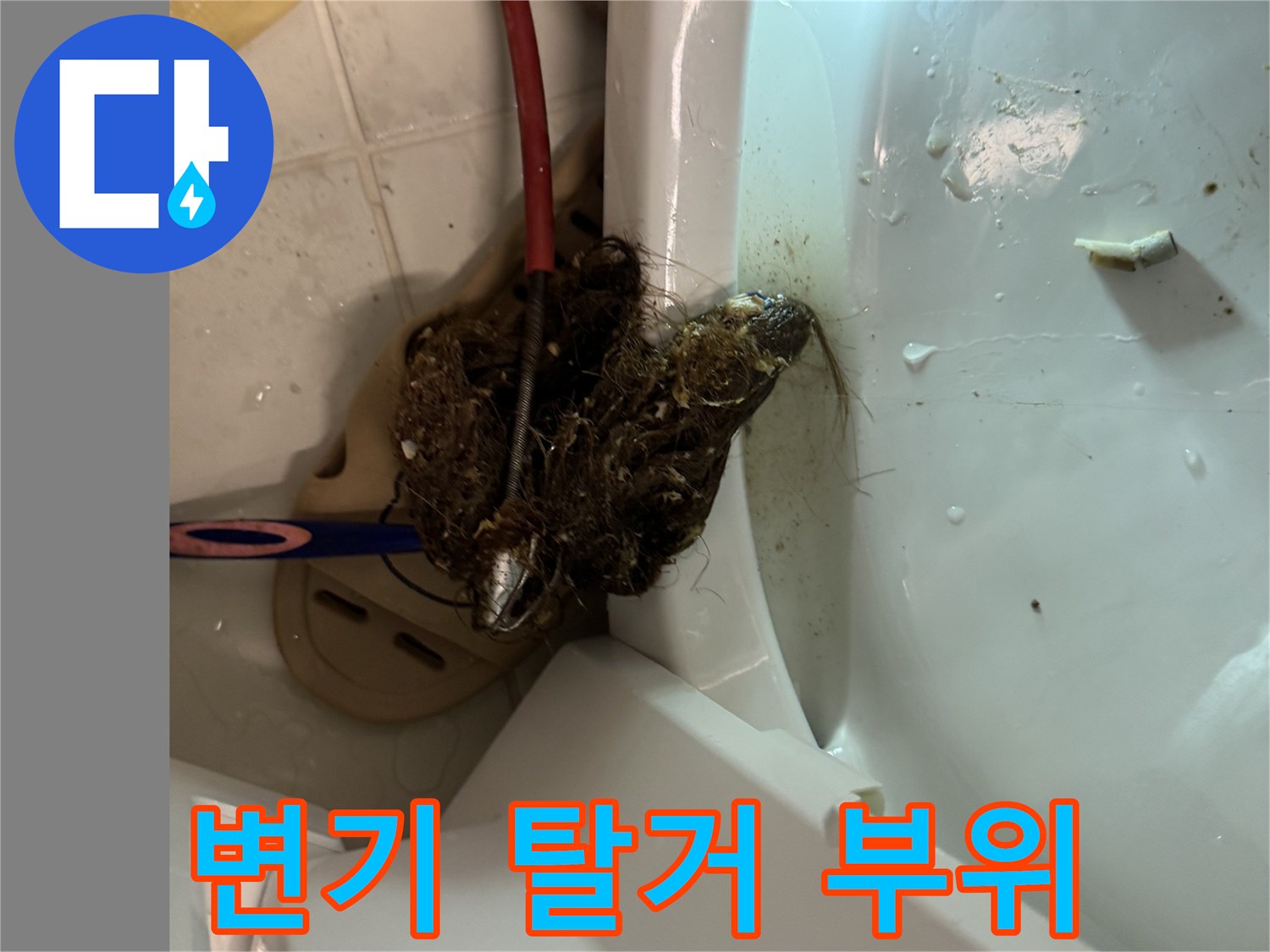 변기 하단 배관 입구의 이물질과 오염 물질 상태