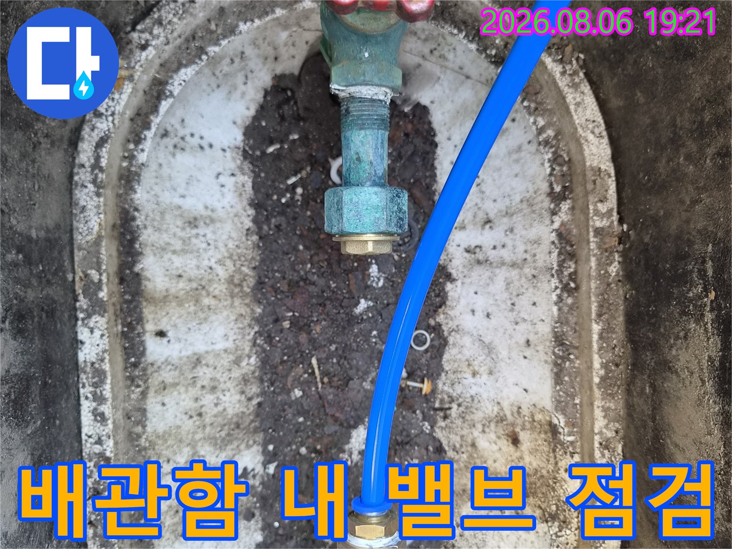 외부 배관 함 내부의 밸브와 파란색 배관 연결 부위 점검