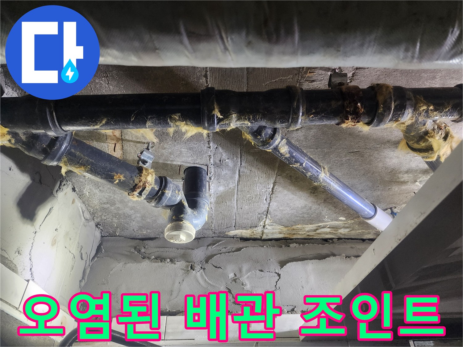 누수로 인해 습기가 가득한 하수 배관 연결 지점