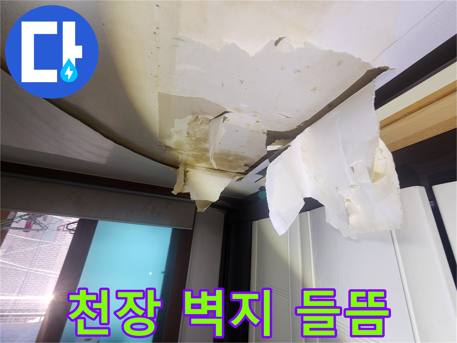 물에 젖어 부풀어 오른 거실 천장 벽지 상세 사진