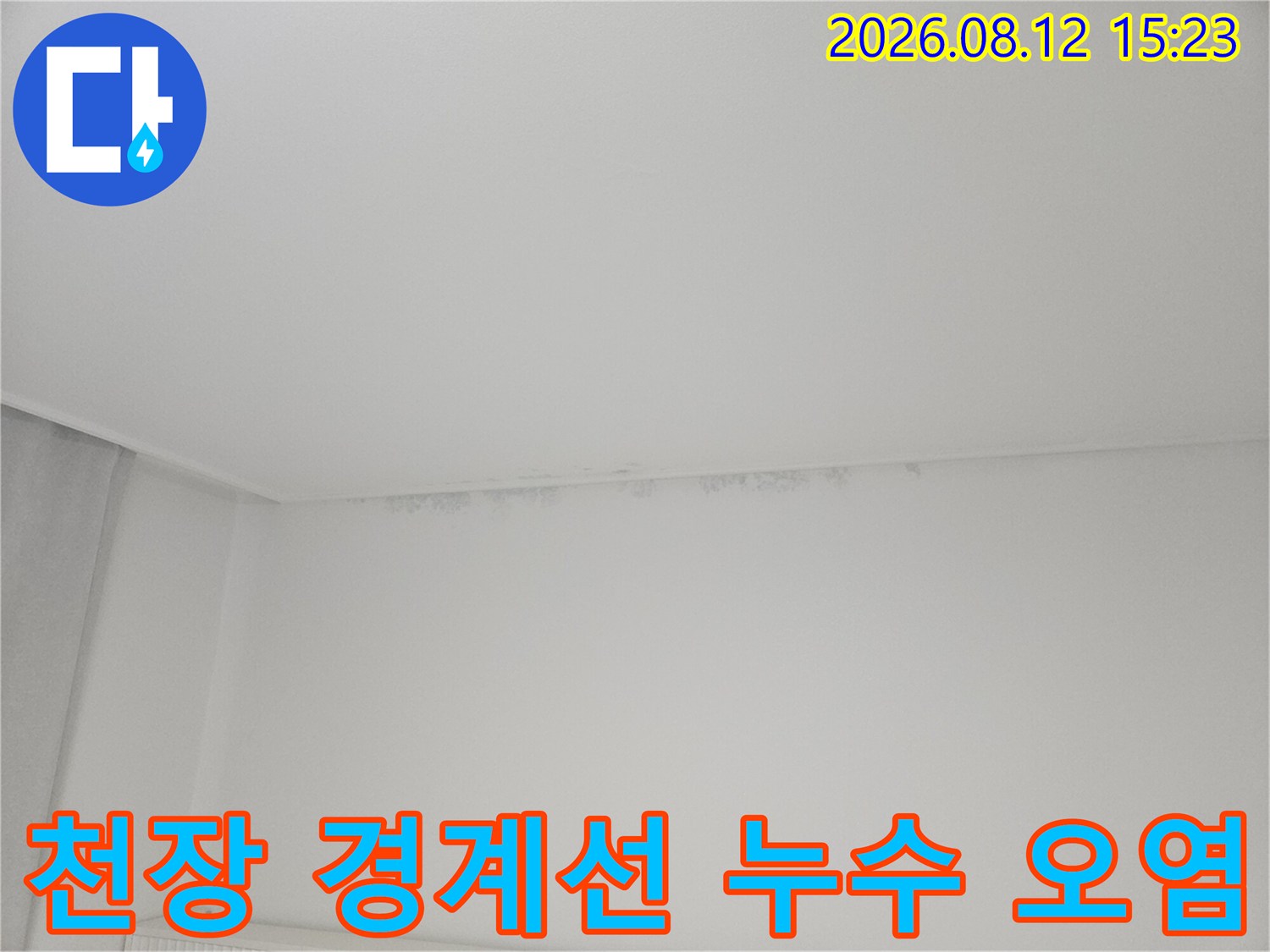 실내 천장과 벽면 접합부에 나타난 어두운 회색의 누수 및 곰팡이 자국-사진