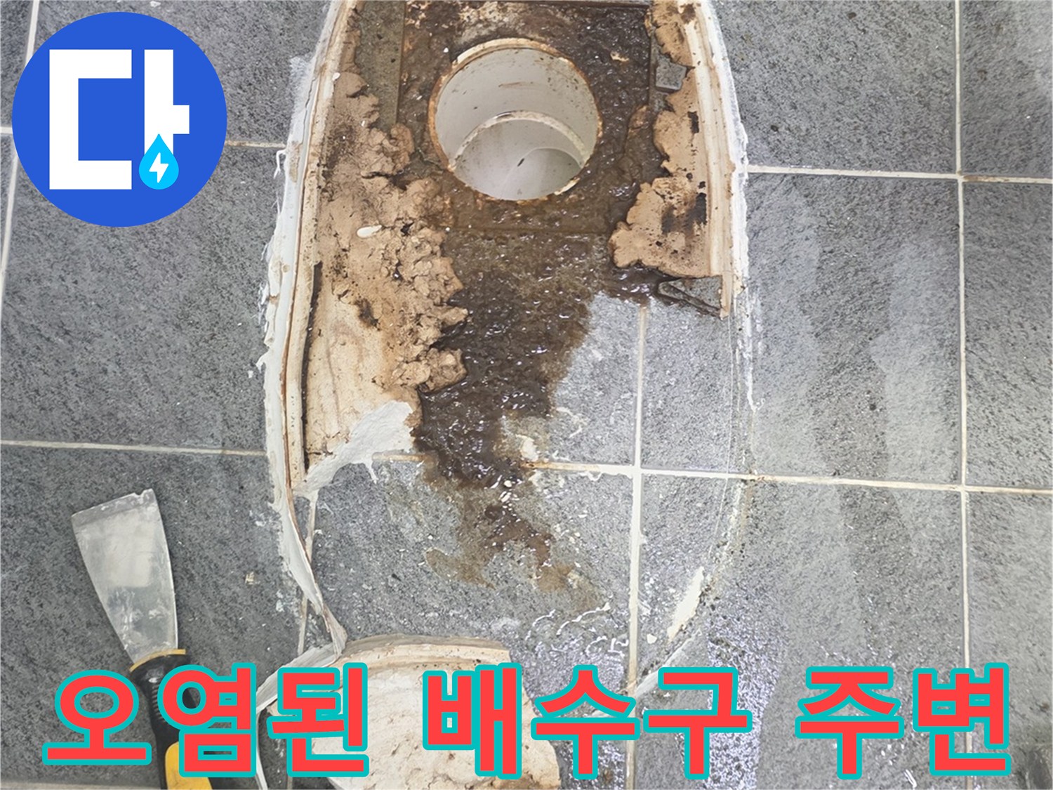 오물로 인해 변색된 배수관 주위 타일과 파손된 도기 조각