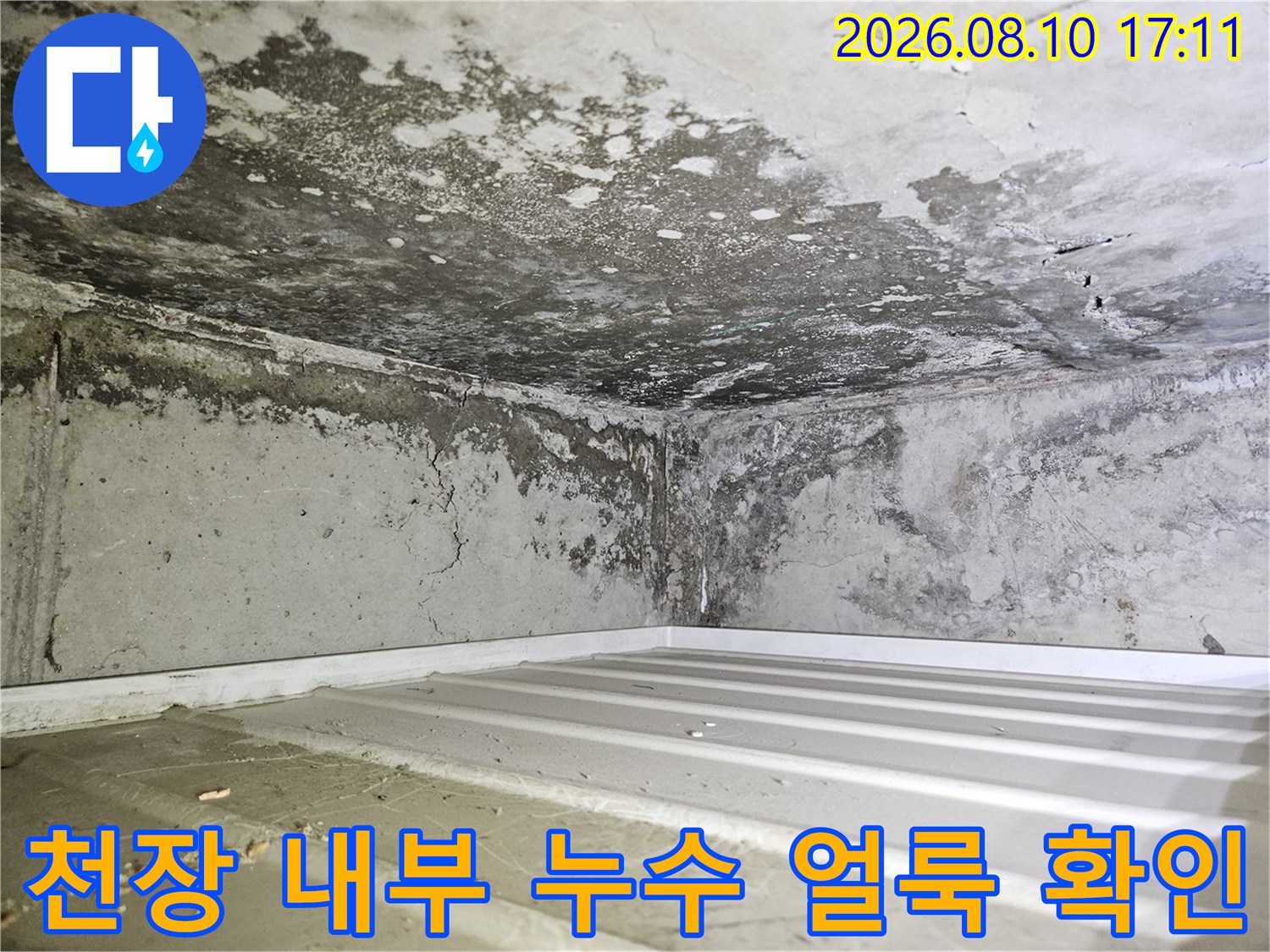 습기와 곰팡이로 오염된 화장실 천장 콘크리트 벽면