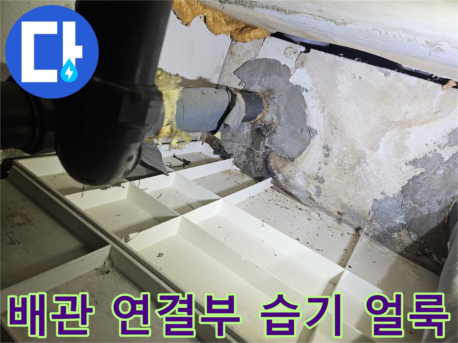 하수도-배관-연결-지점의-젖은-벽면과-오염된-마감재