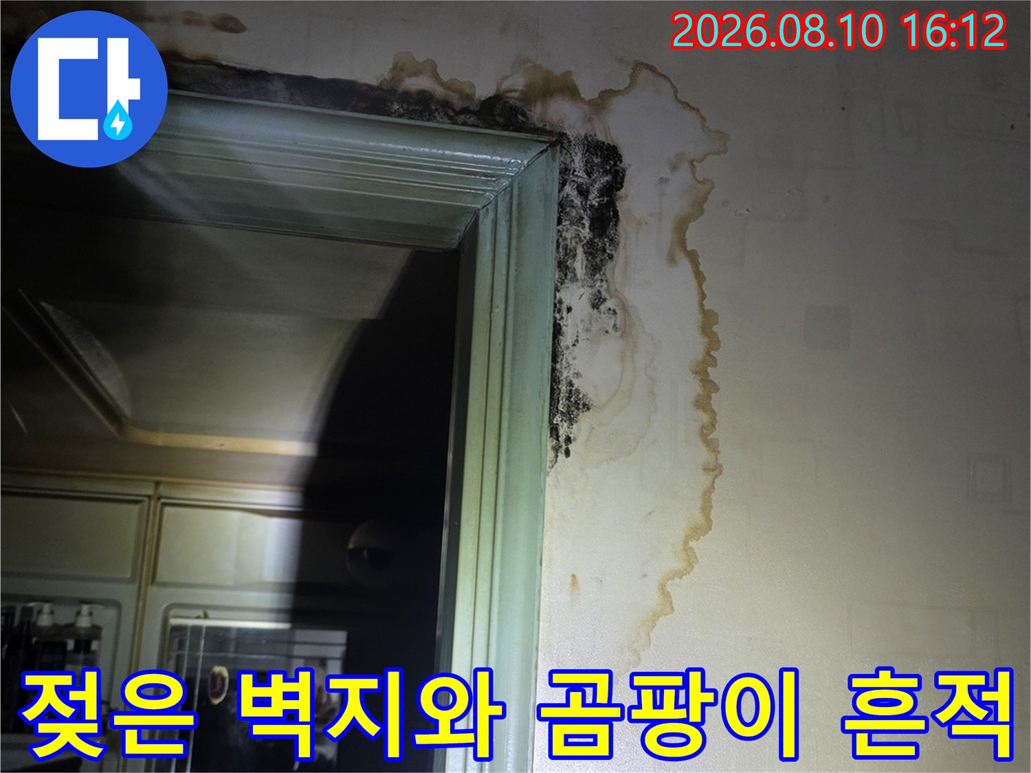 누수가 진행된 문틀 상단의 벽지 변색 및 곰팡이 발생 부위