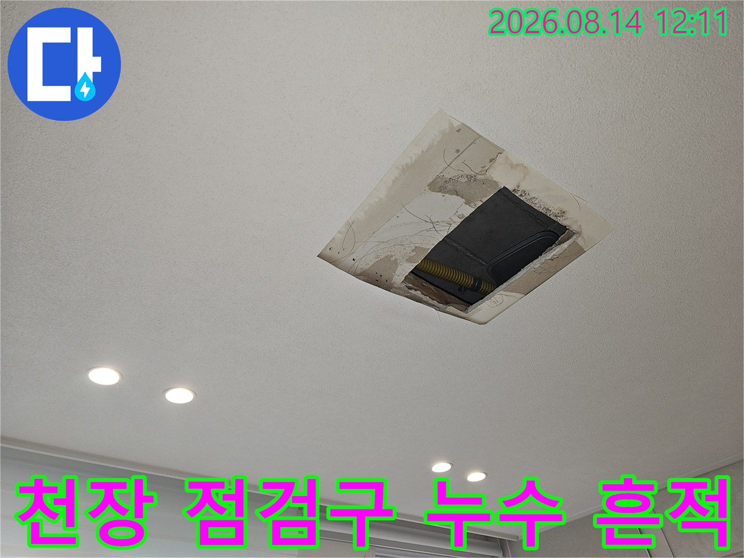 천장 점검구 주변에 발생한 물샘 및 얼룩 상태