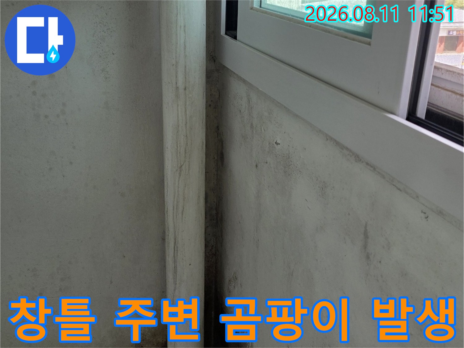 창틀 아래쪽 벽면과 천장 모서리에 나타난 곰팡이와 습기 흔적