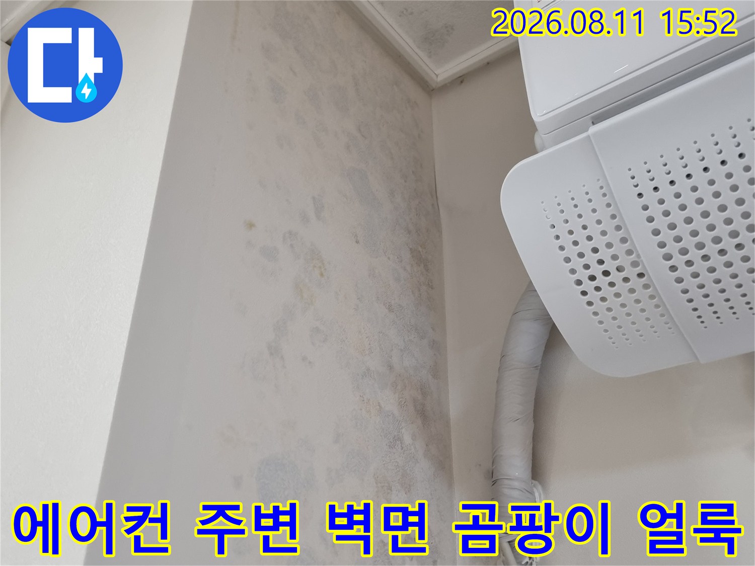 천장에 설치된 에어컨 실내기와 그 주변 벽면에 퍼져 있는 푸르스름한 곰팡이 얼룩과 배관 모습
