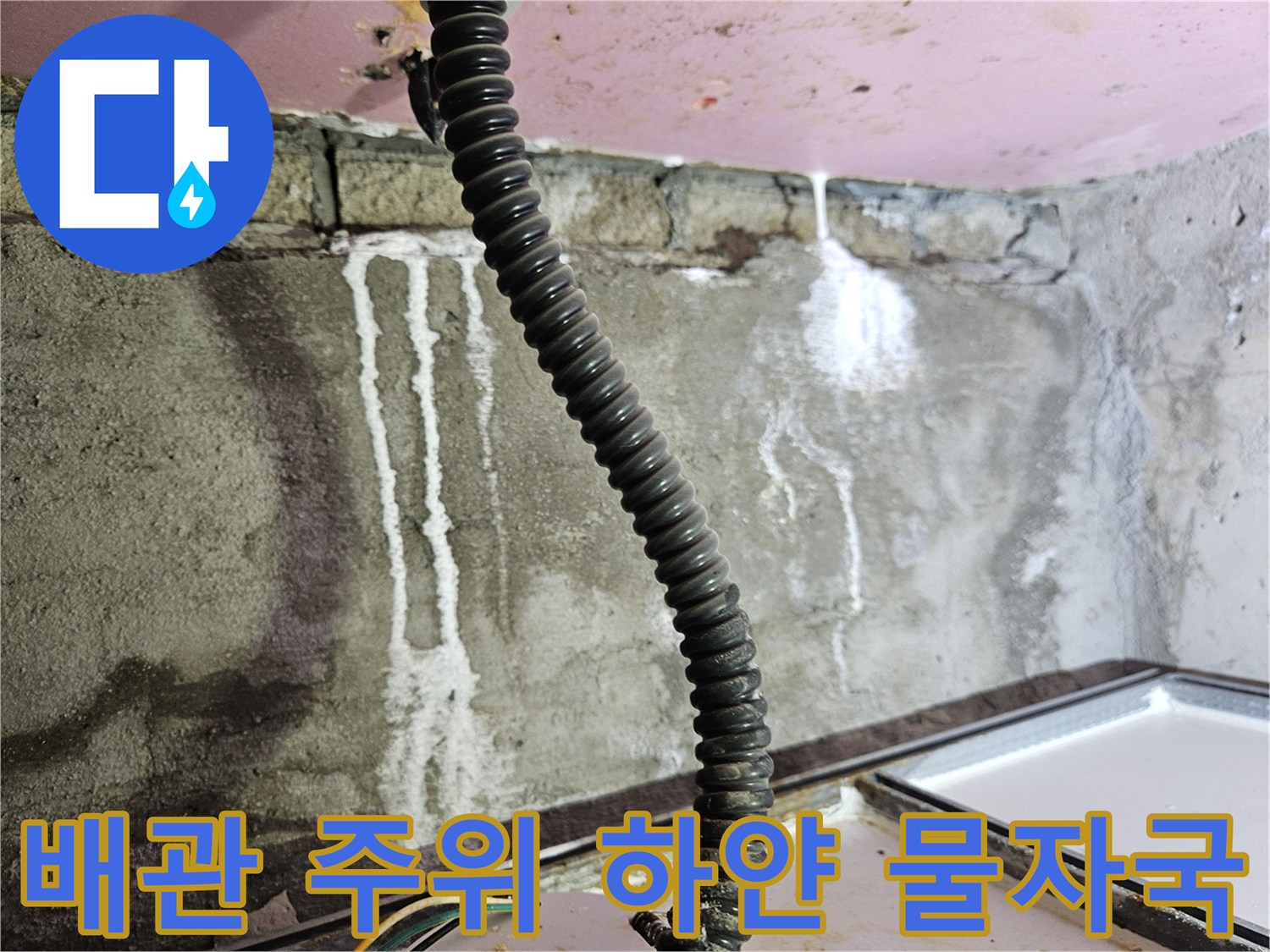 천장 배관 주변의-석회 침전물과 누수 경로 흔적