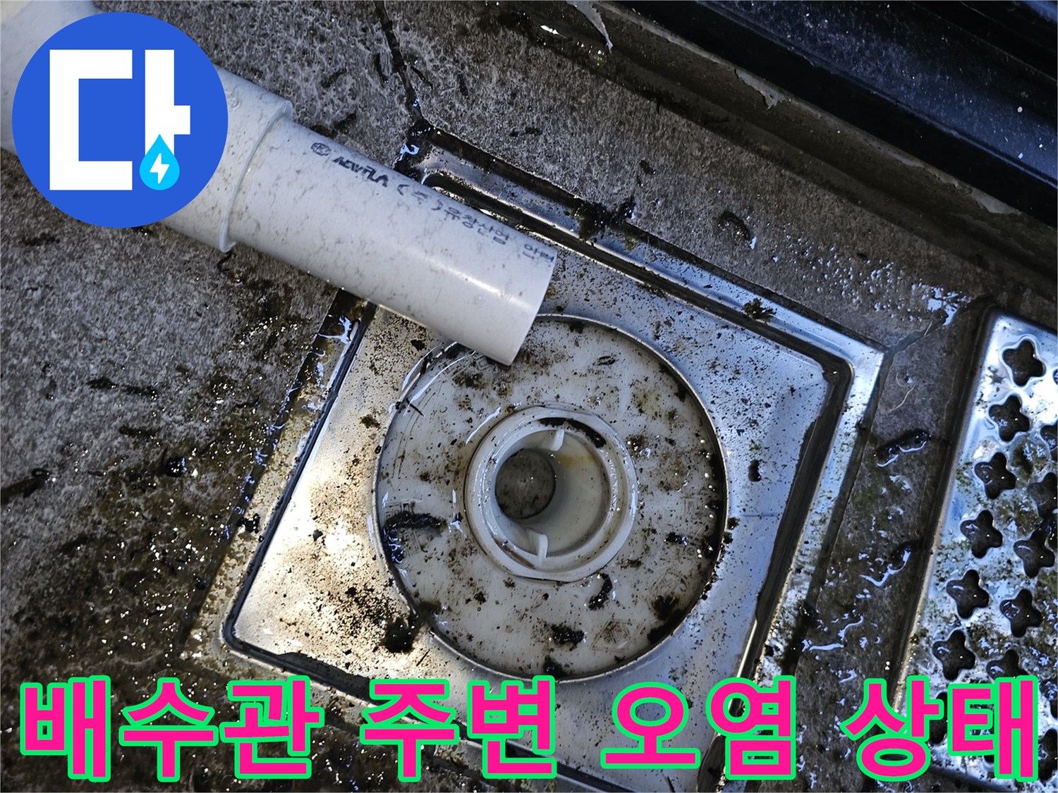 하얀색 배수 파이프와 배수구 주변의 검은 곰팡이 및 물때 오염 상태