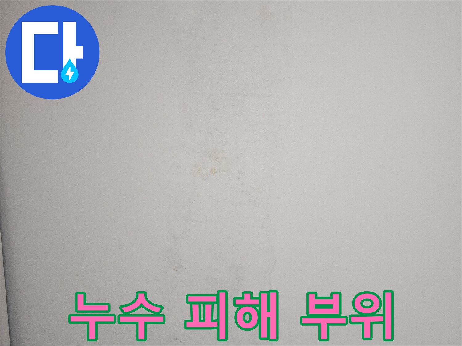아래층 천장에 발생한 넓은 범위의 누수 얼룩과 변색된 벽지