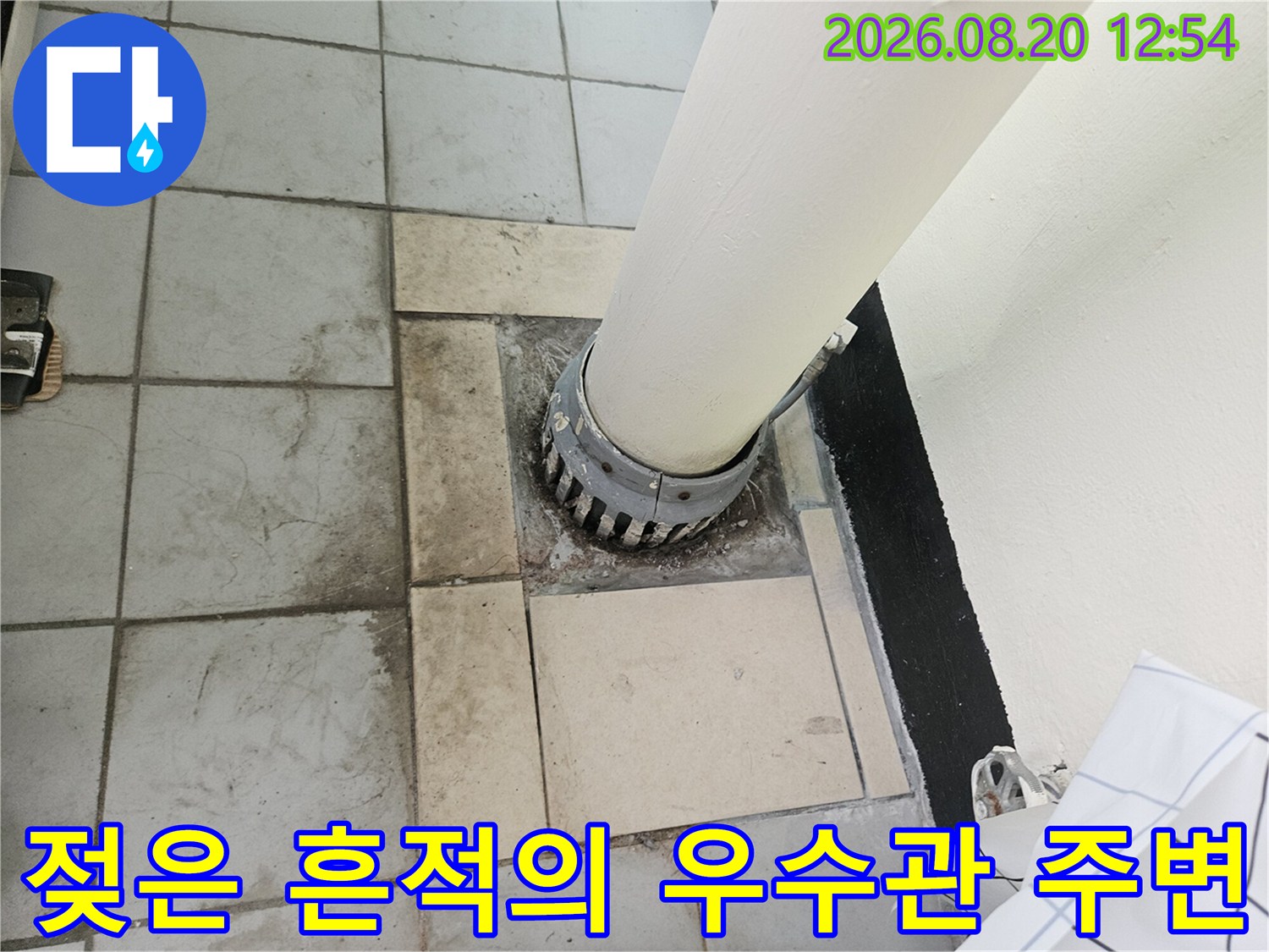 분당 정자동 현장 우수관 배관 주변 타일의 젖은 듯한 변색 부위