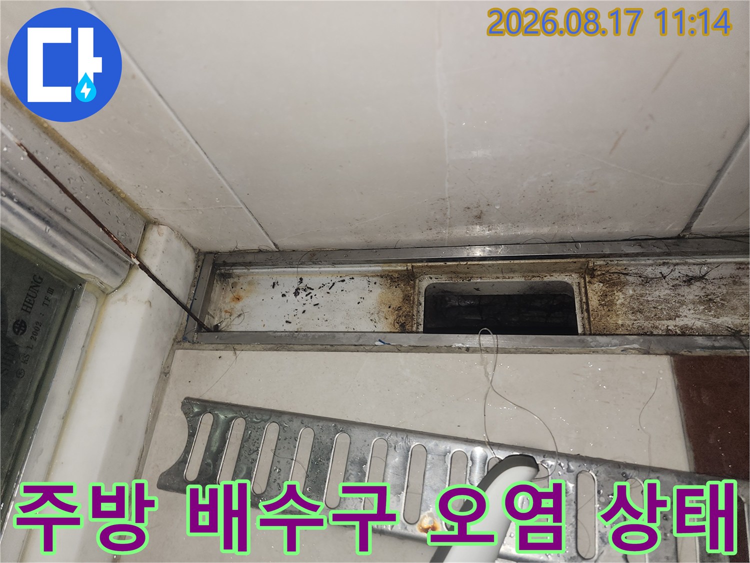싱크대 하단부 배수구 주변의 곰팡이와 물기 자국