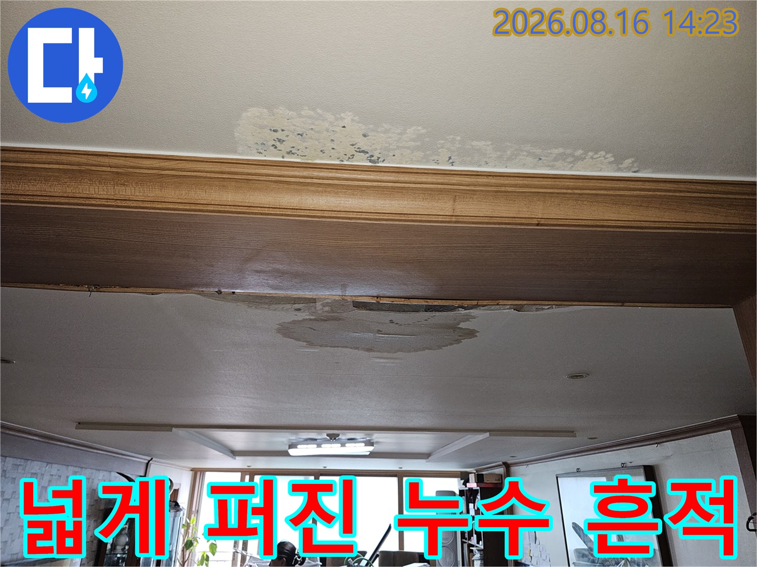 천장 중앙부와 몰딩 사이의 넓은 물자국과 변색 부위