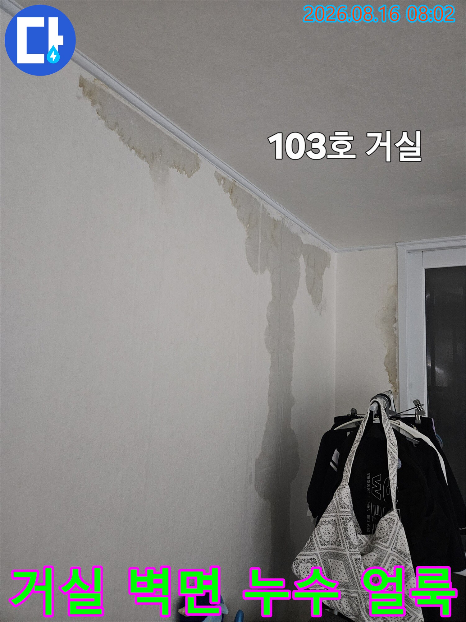 광명 철산동 아파트 거로실 천장과 벽면에 발생한 누수 흔적 및 물 번짐 현상
