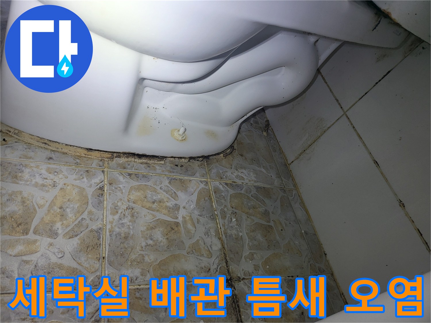 세탁기 연결 부위 근처 타일 틈새에 발생한 습기 흔적과 오염 상태를 보여주는 사진입니다.