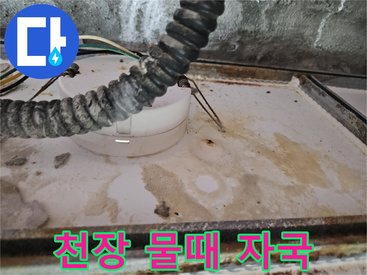 배관 주위 천장재에 발생한 누수 오염과 얼룩