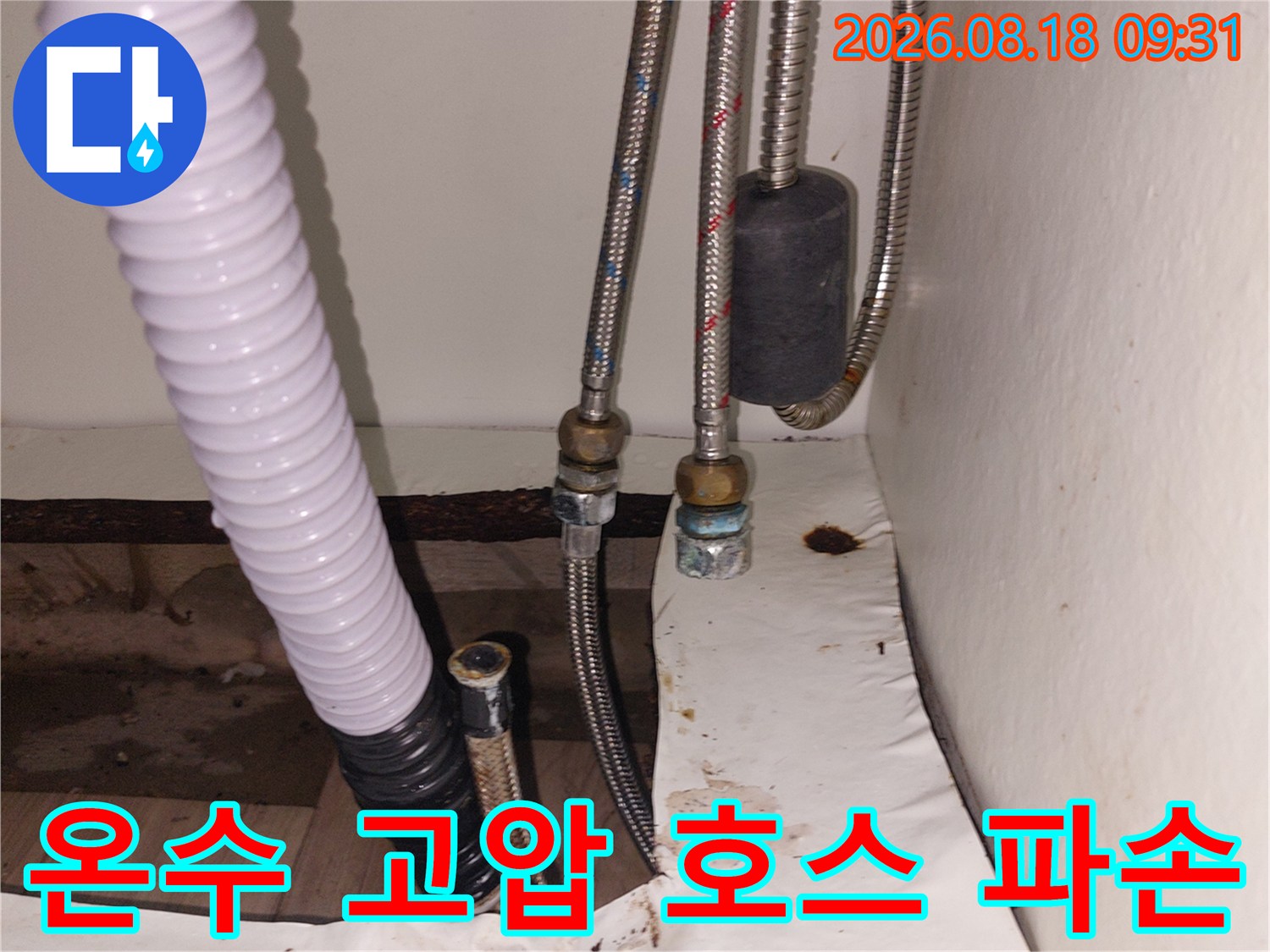 싱크대 하단 배관-물샘이 발생한 온수 고압 호스의 연결 부위 상세 모습