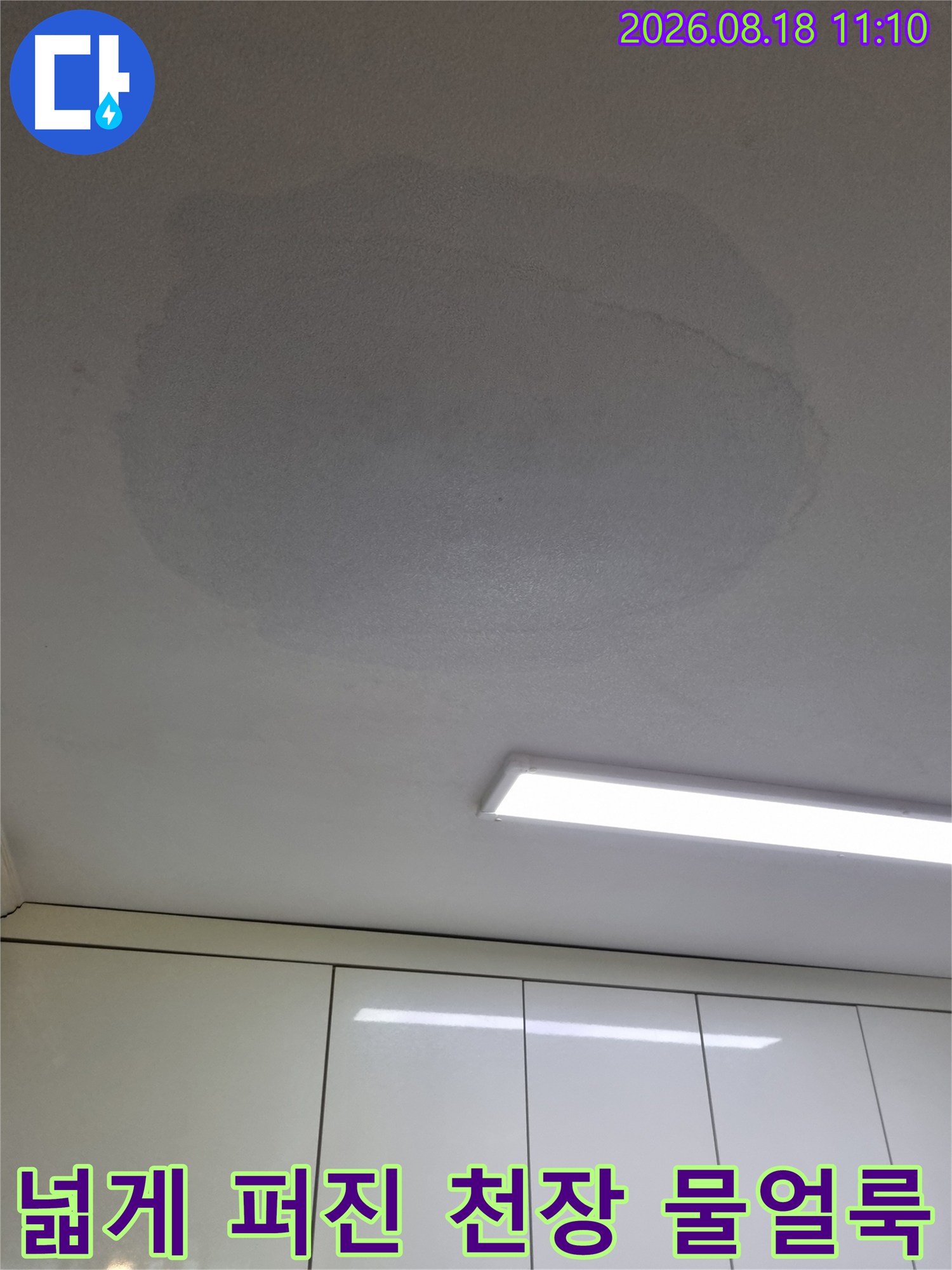 천장 조명 옆으로 크게 번져 있는 누수 흔적과 젖은 마감재