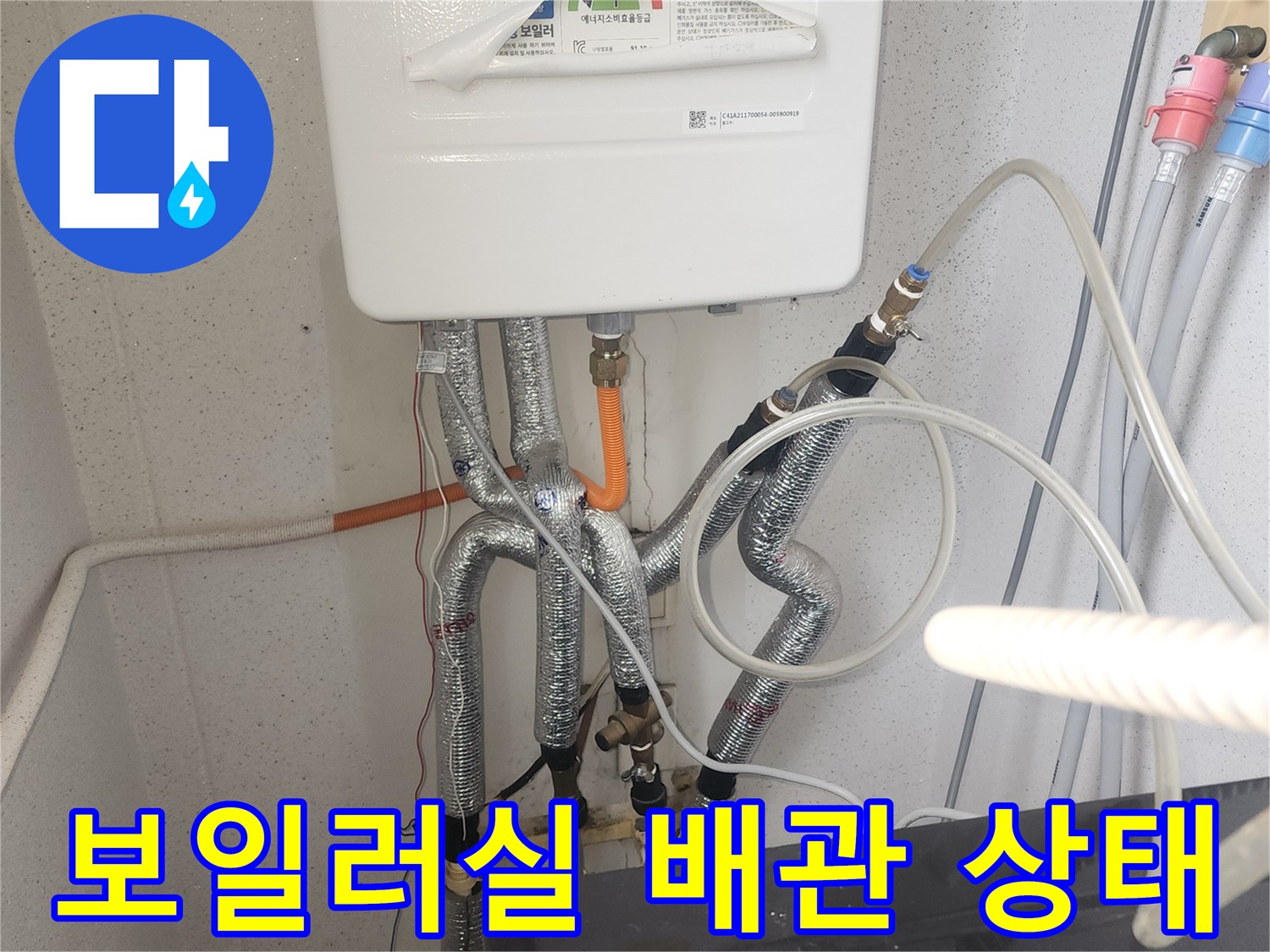 안산 단원구 보일러실 내부의 복잡하게 연결된 급수 및 온수 배관 모습
