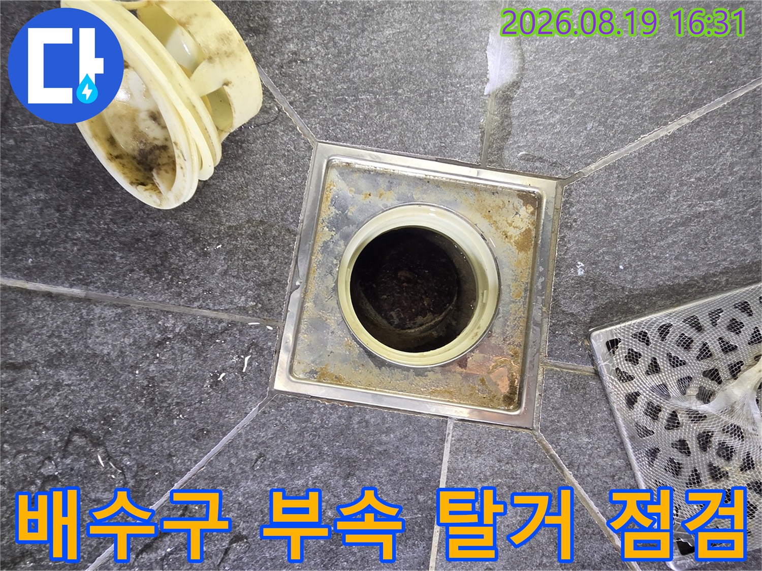 욕실 배수구 덮개와-금속 트랩 주변 누수 흔적 조사