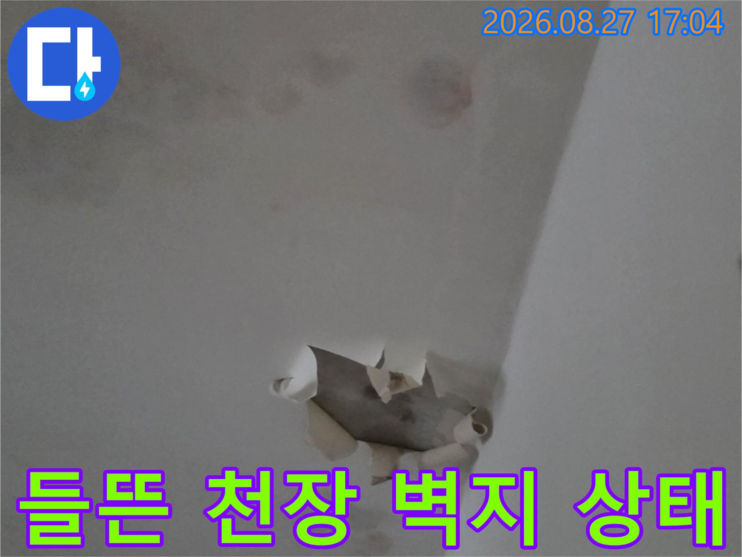 누수로 인해 천장 도배지가 찢어지고 벌어진 모습입니다.