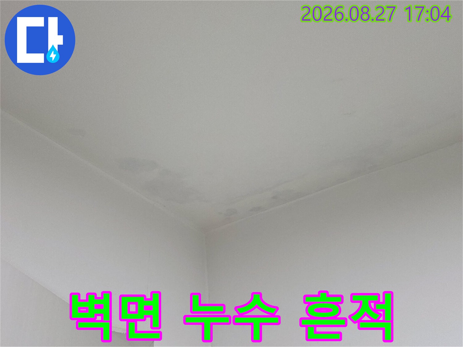 천장 모서리 부근의 젖은 벽지와 얼룩진 천장입니다.