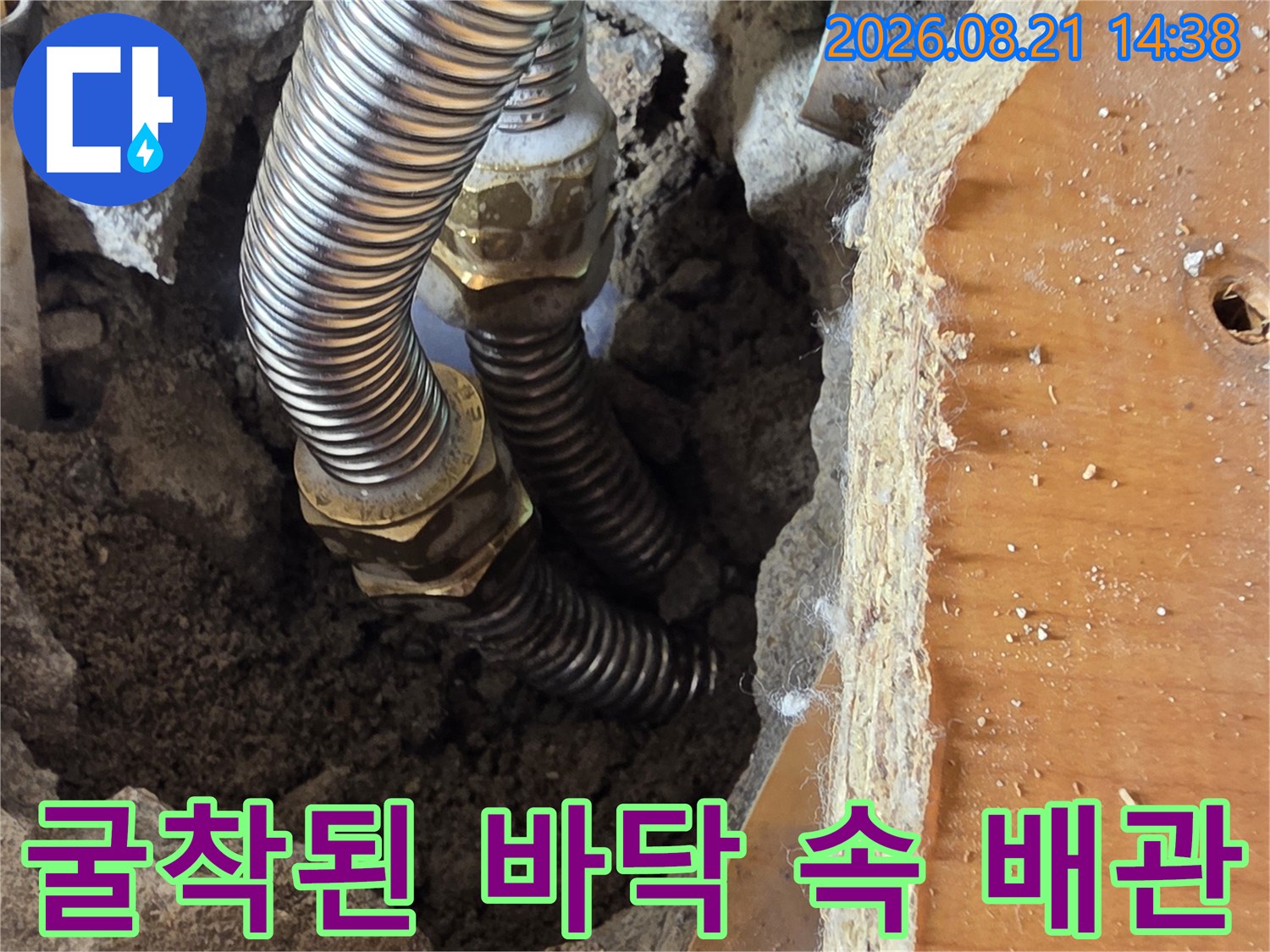 싱크대 아래 흙과 콘크리트 사이로 드러난 주름관 연결부입니다.