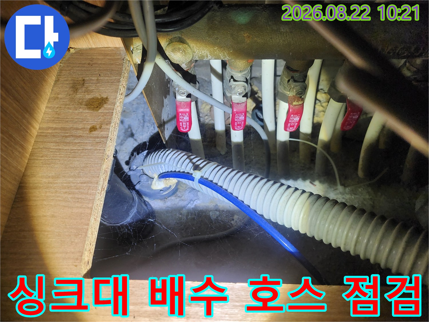 싱크대 아래쪽의 흰색 주름관과 파란색 호스가 연결된 배관의 상태를 촬영한 사진입니다.