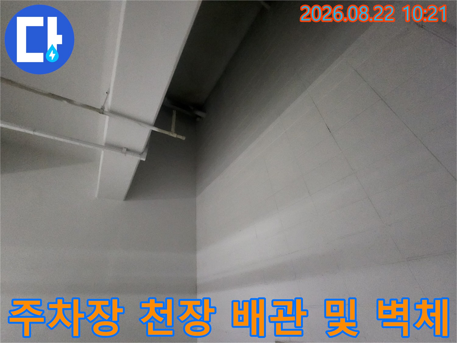 지하주천장 배관과 타일로 마감된 벽면의 누수 점검 모습