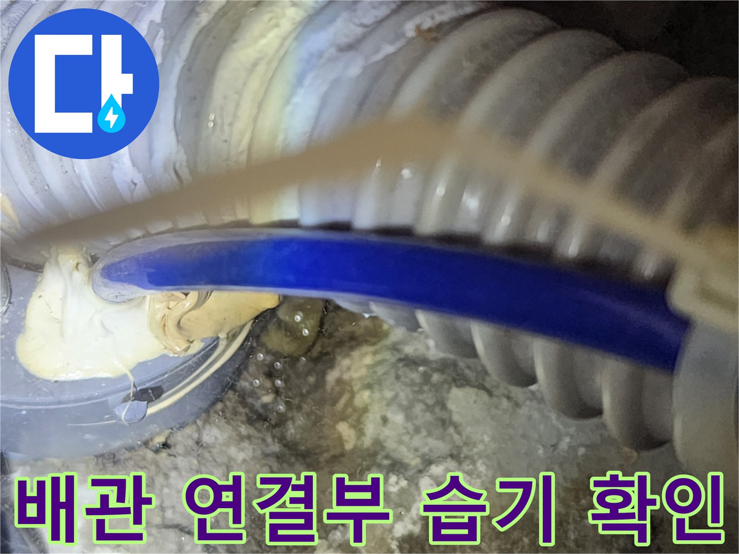 파란색-배수호스-연결부-주변의-축축한-상태-촬영