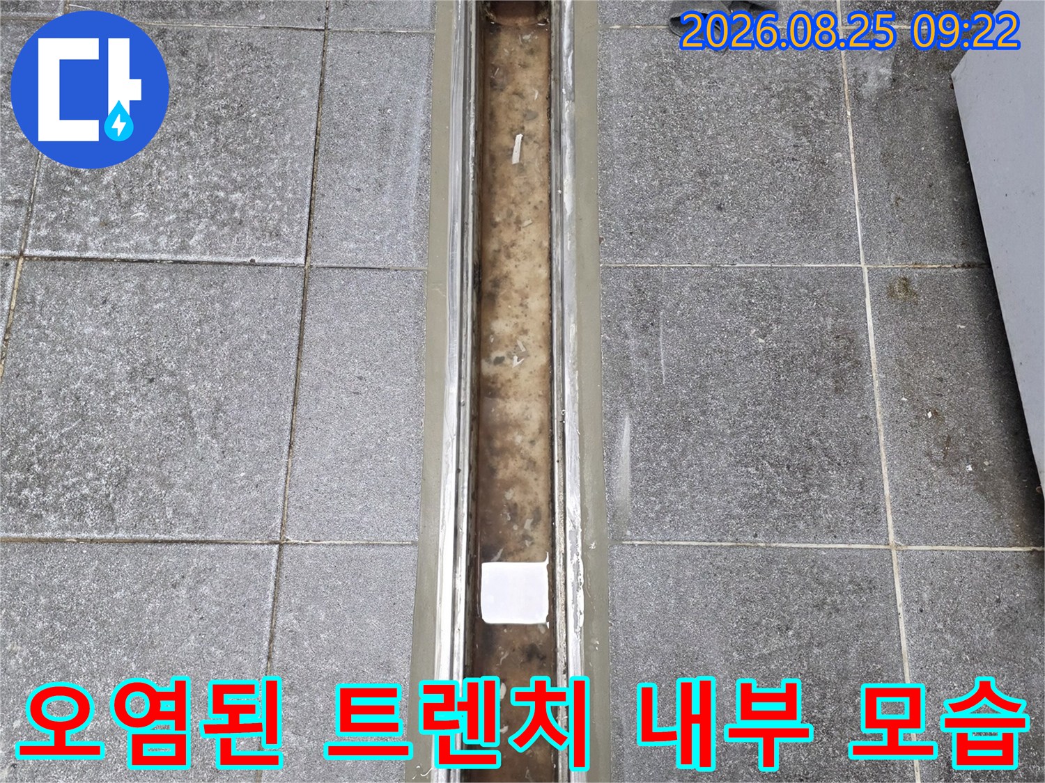 신현동 현장-트모와 이물질로 오염된 트렌치 배수구 내부 사진입니다.
