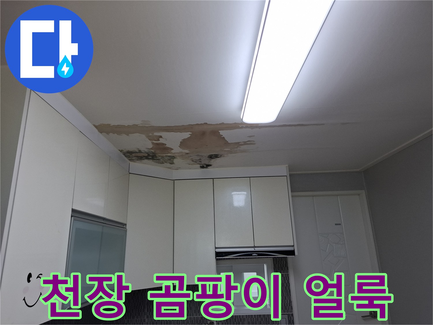 천장 마감재에 나타난 습기로 인한 곰팡이와 변색 부위