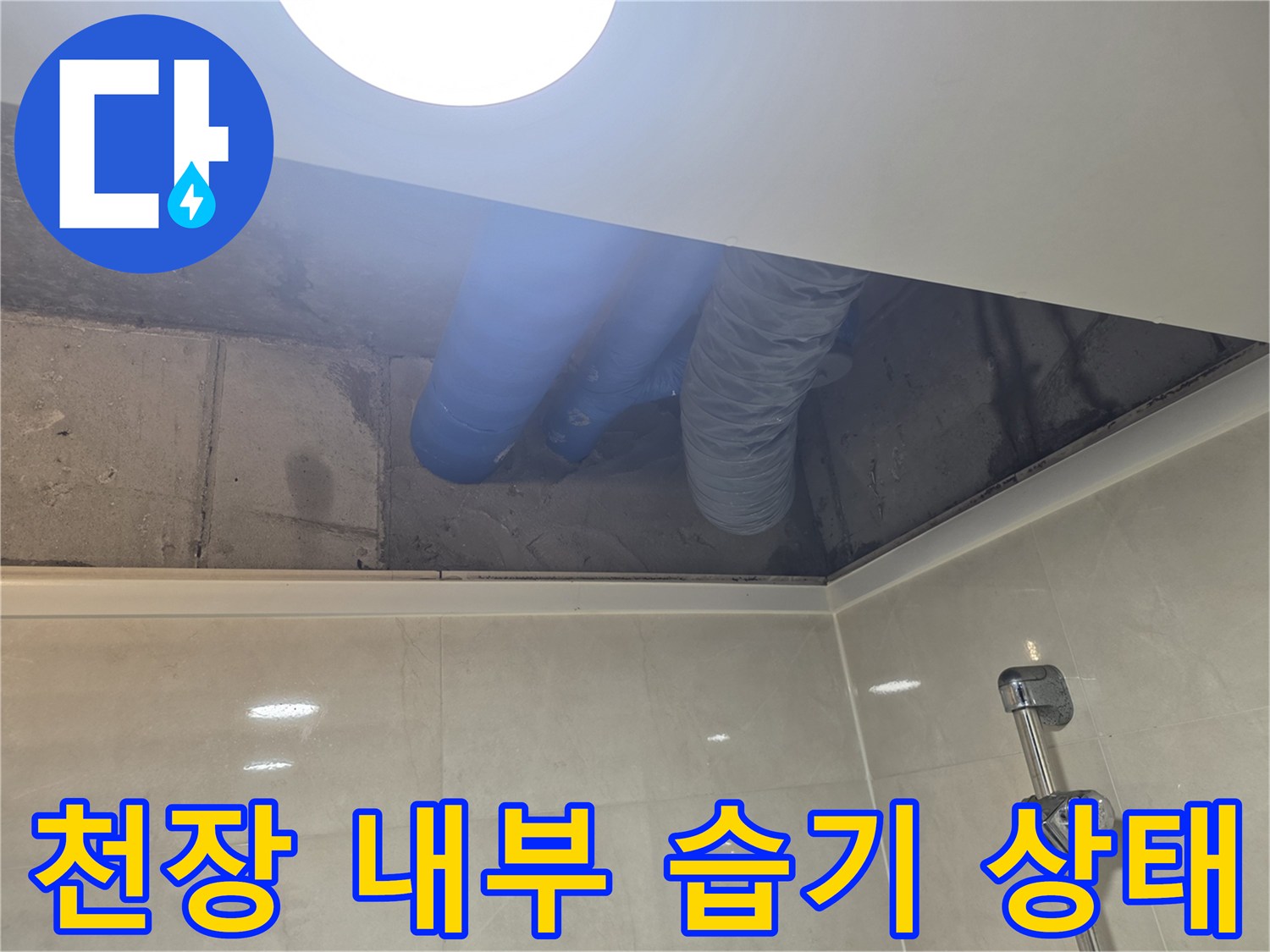 습기로 인해 어둡게 변한 천장 벽면과 파란색 배관의 모습