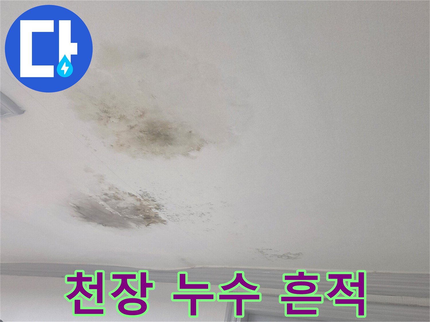 물샘으로 인한 천장 벽지 변색-곰팡이가 번진 거실 천장 내부 모습