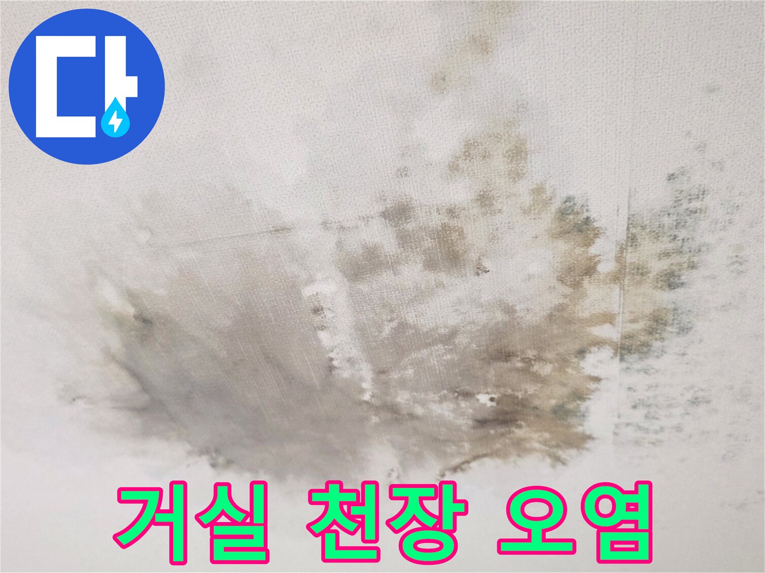 심하게 변색된 거실 천장 누수 피해 부위