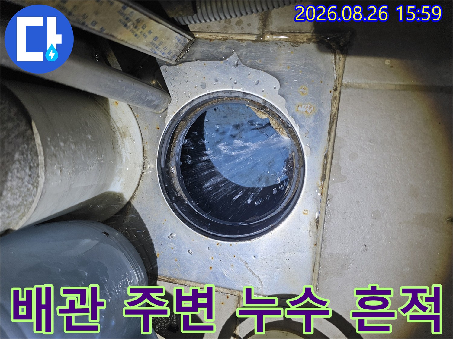 배수구 주변 배관 연결부의 물기 및 얼룩 확인