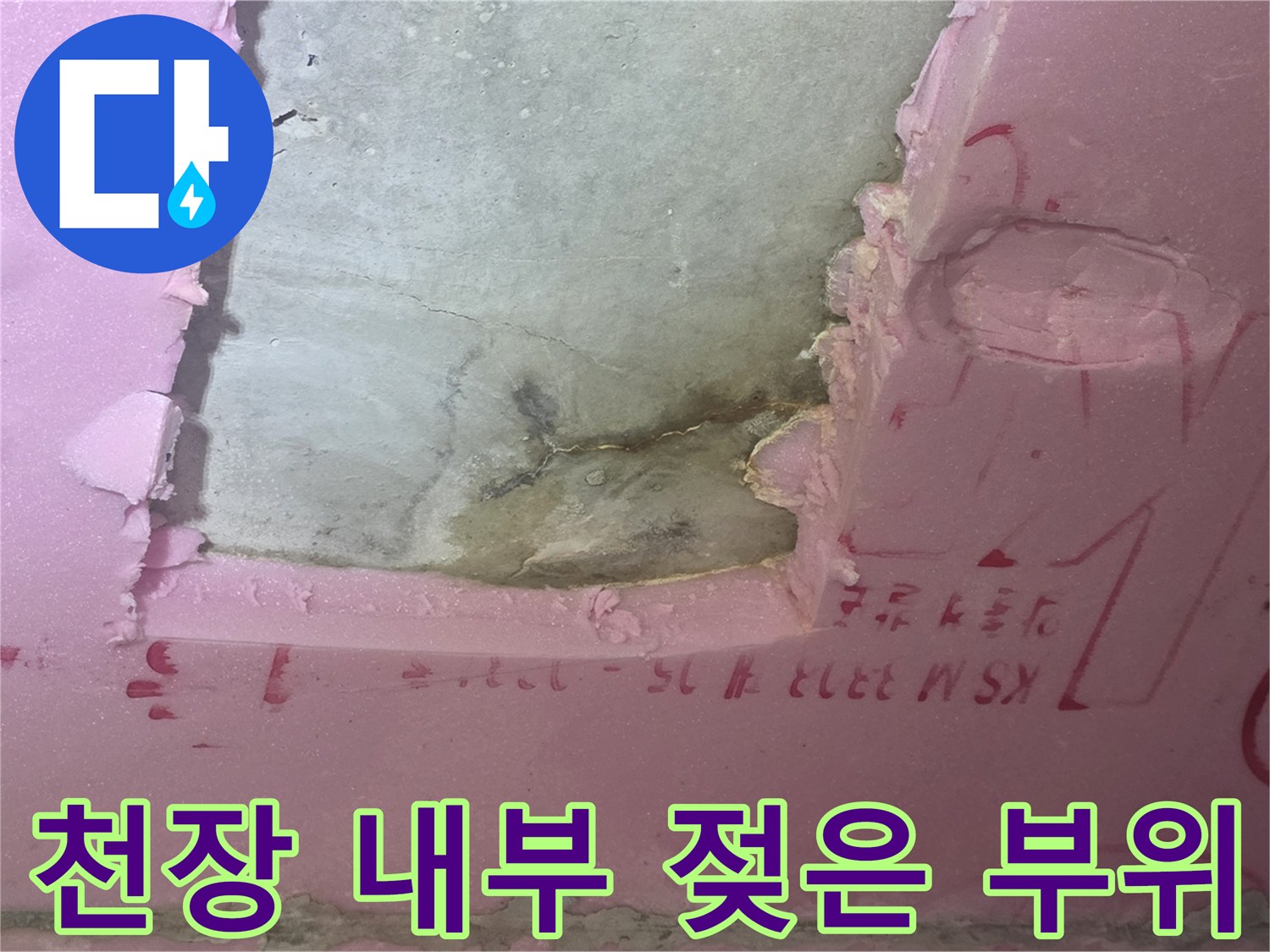 훼손된 분홍색 석고보드 사이로 드러난 배관 주변 슬래브