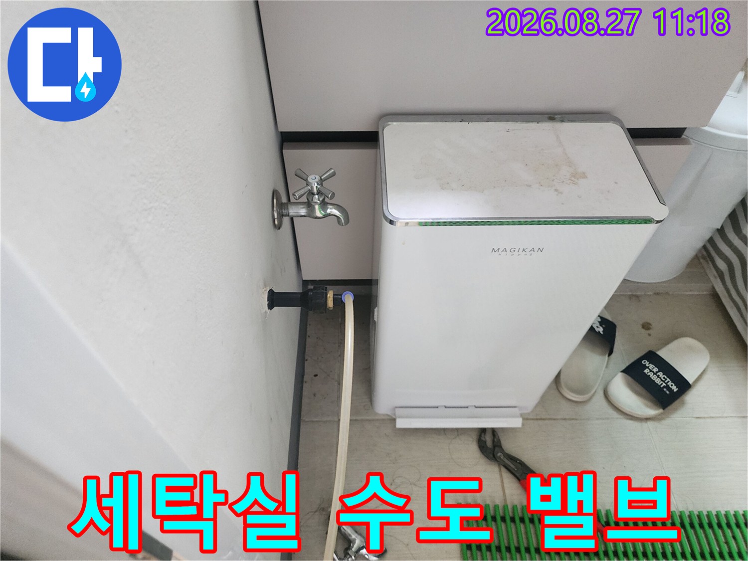 세탁실 벽면에 설치된 수전과 연결된 흰색 호스의 근접 사진입니다.