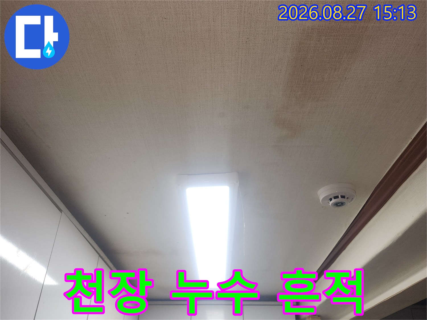 아래층 거실 천장에 나타난 젖은 얼룩과 습기 부위