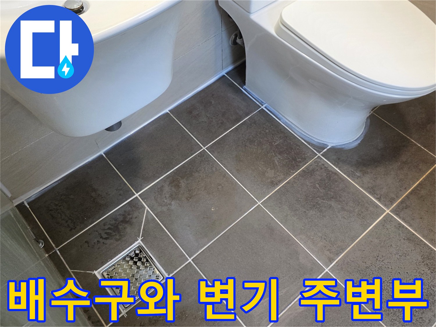 욕실 바닥의 변기와 금속 배수구 유가가 함께 찍힌 사진입니다.