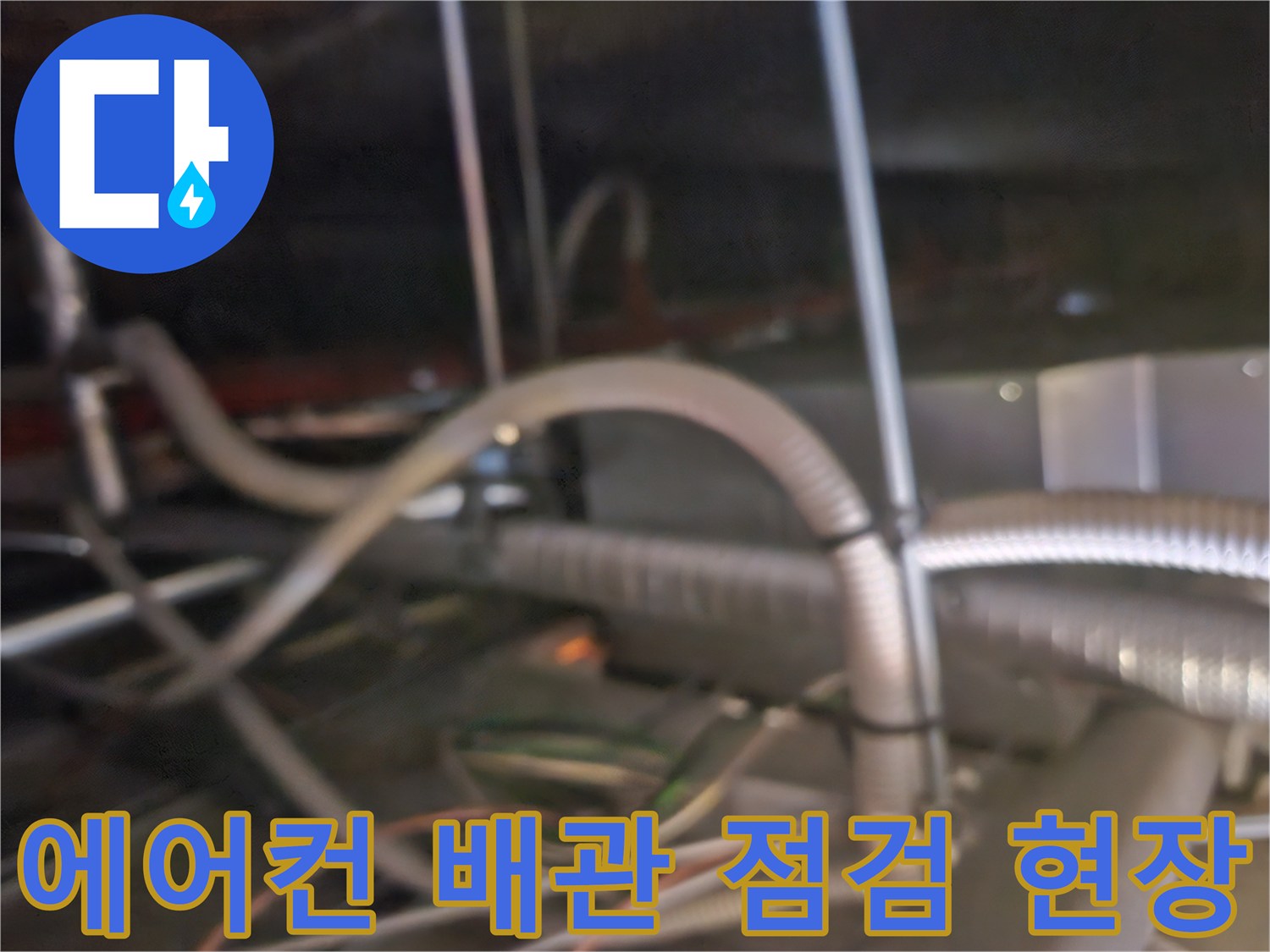 천장 내부의 에어컨 드레인 호스와 복잡하게 얽힌 배관 구조-상태 확인 중