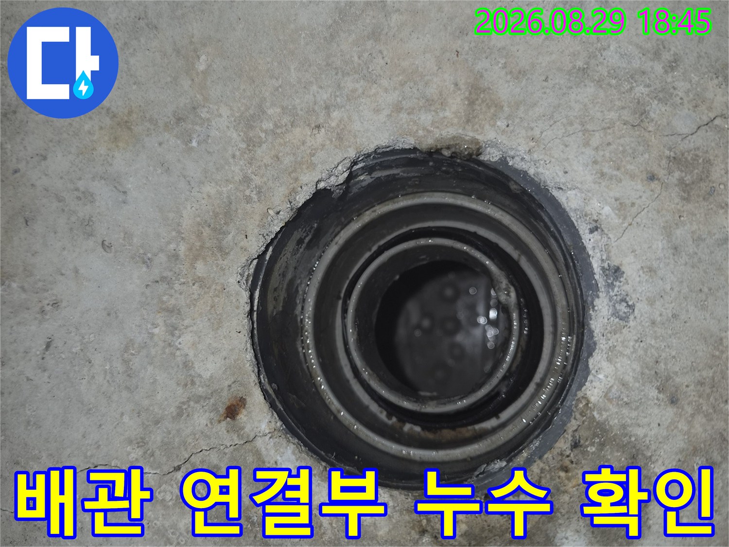 천장 배관 부속의 결함과 주변 콘크리트 습기 상태를 나타냅니다.