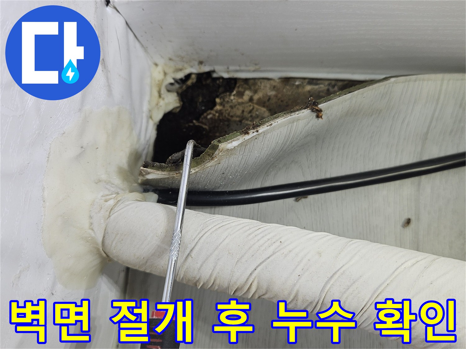배관 주변 벽체 내부-젖어있는 단열재와 곰팡이 발생 상태