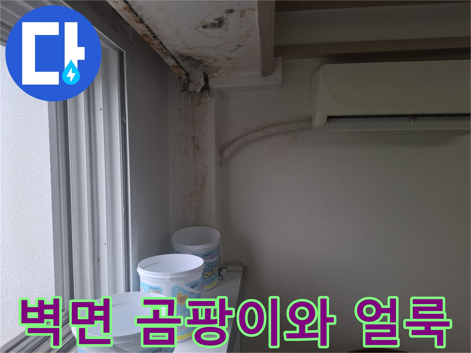 창문-옆-벽면에-번진-누수-흔적과-곰팡이