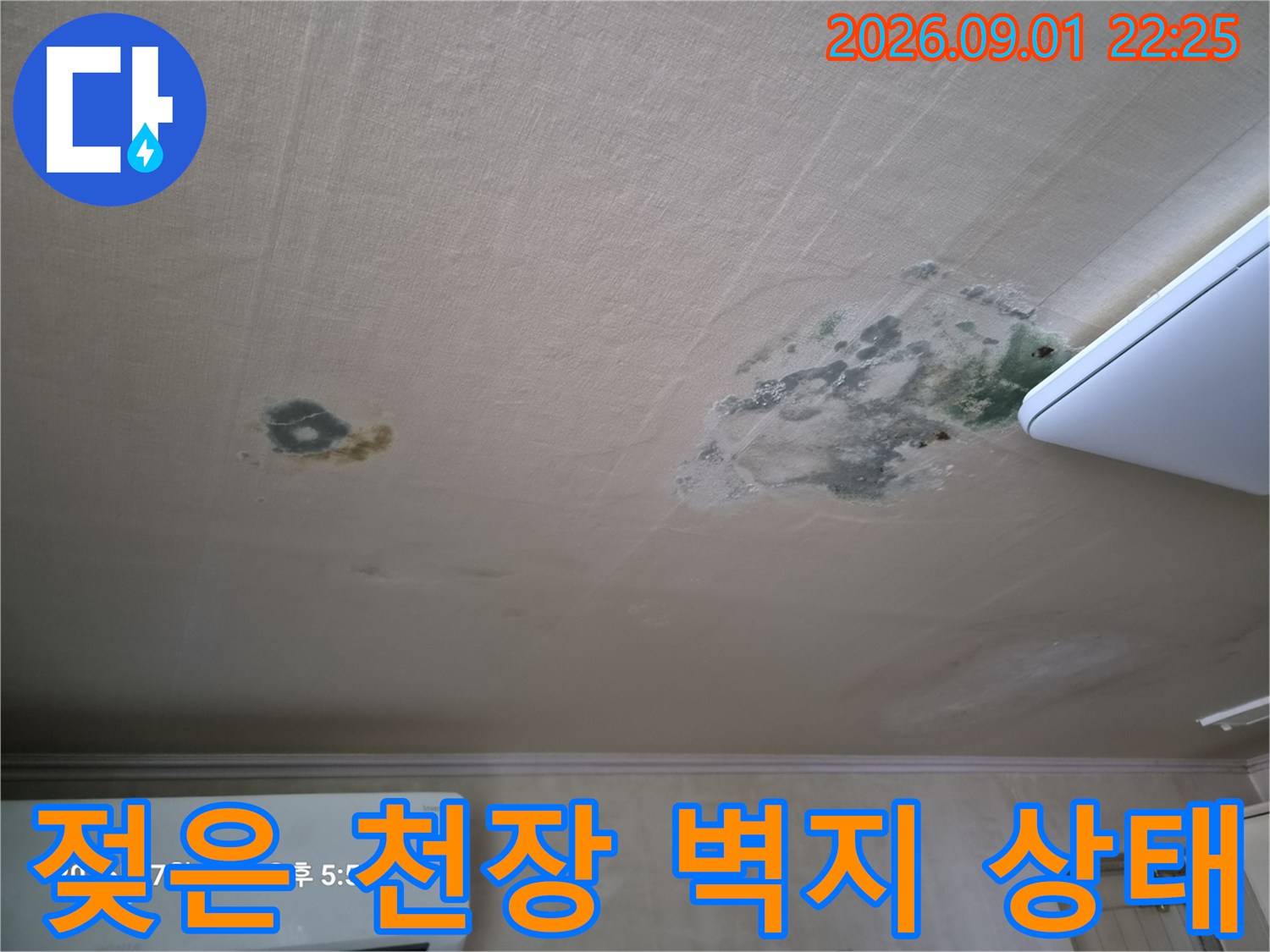 습기로 인해 변색되고 곰팡이가 번진 거실 천장 벽지 모습입니다.