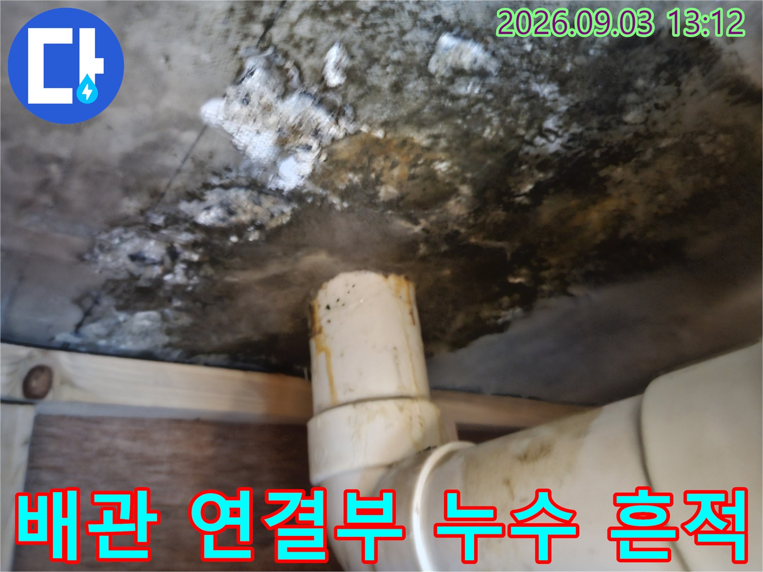 습기와 곰팡이가 가득한 배관 주변 천장 부위