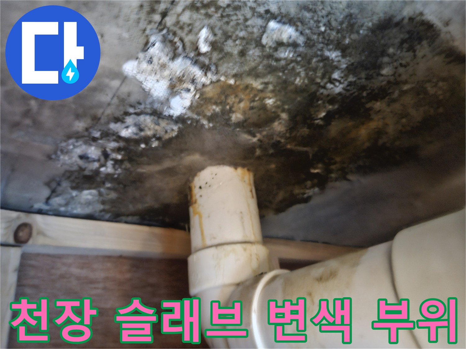 오염된 천장 콘크리트-배수관 주변의 누수 흔적